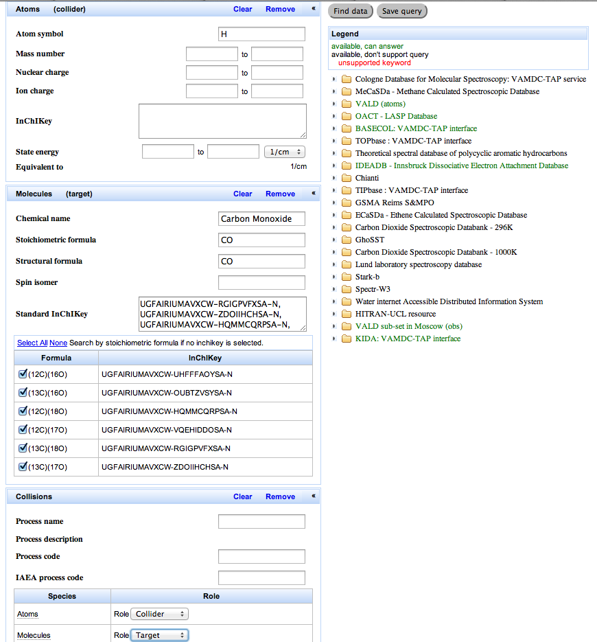 Example of query form for a search on collisions between H and CO.
